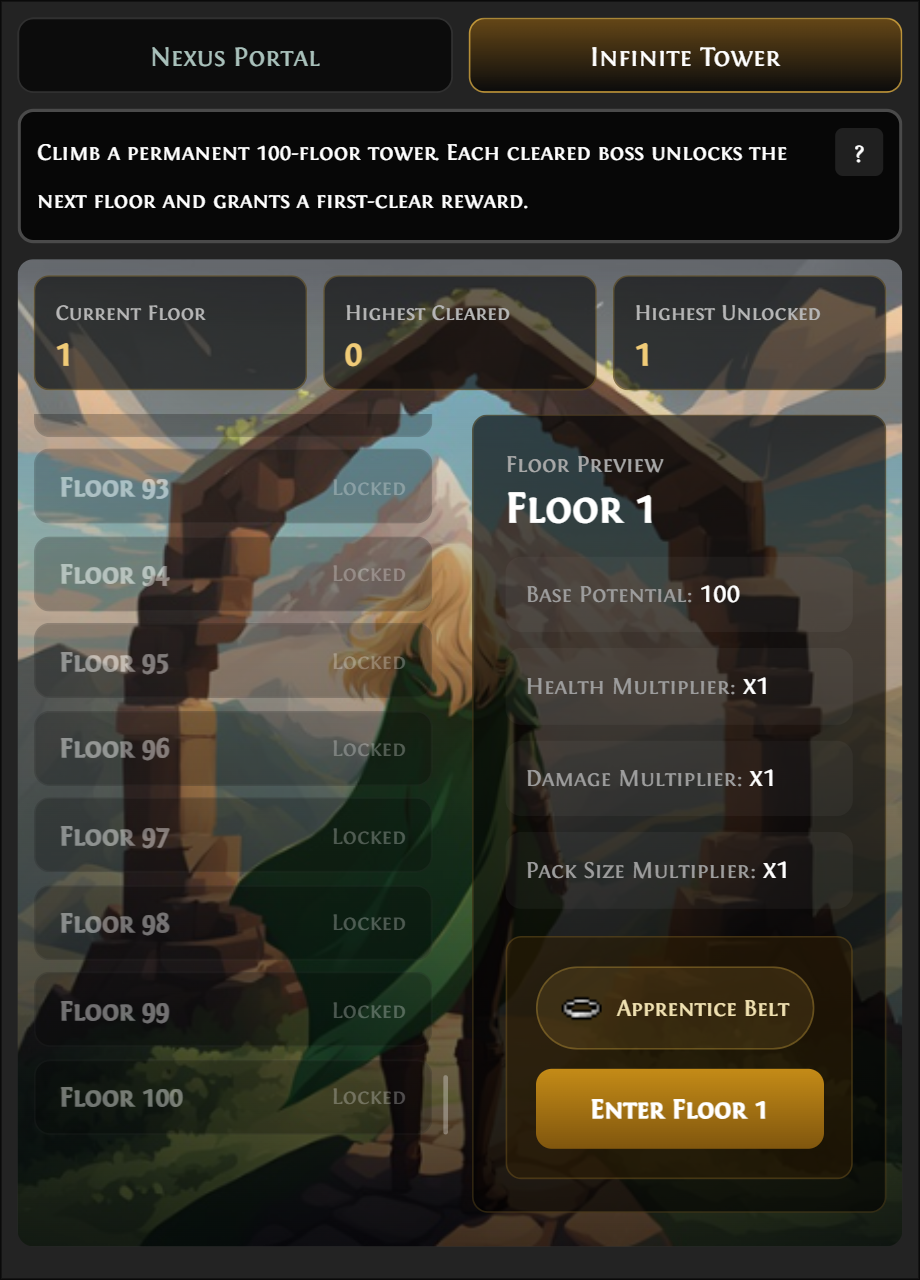Climb the Tower feature from Zenith League in Pixel Valkyrie